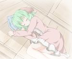  animal_ears closed_eyes dress green_hair kasodani_kyouko lying on_side open_mouth shino_megumi short_hair sleeping solo touhou 