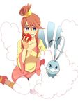  altaria apple artist_request blue_eyes breasts cosplay food fruit fuuro_(pokemon) gen_3_pokemon hair_ornament holding holding_food holding_fruit iris_(pokemon) iris_(pokemon)_(cosplay) medium_breasts pokemon pokemon_(creature) pokemon_(game) pokemon_bw red_hair 