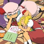  book child chin_rest closed_eyes english flandre_scarlet hat inubashiri_momiji inubashiri_momiji_(wolf) lying multiple_girls on_stomach onikobe_rin playing_with_another's_hair remilia_scarlet siblings sisters sleeping smile touhou wings 