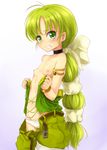  ass belt blush flat_chest green_eyes green_hair long_hair multi-tied_hair narisakach navel nipples open_clothes open_shirt panties ponytail ribbon saga saga_frontier_2 shirt shorts solo unbuttoned underwear undressing virginia_knights white_background 