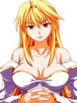  archetype_earth arcueid_brunestud bad_id bad_pixiv_id bare_shoulders blonde_hair breasts collarbone detached_sleeves dress hands_clasped kurokemono large_breasts long_hair own_hands_together red_eyes simple_background solo strapless strapless_dress tsukihime 