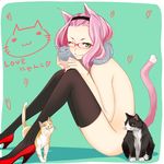  animal_ears black_legwear cat cat_ears cat_tail glasses green_eyes hairband heart high_heels nail_polish nude one_eye_closed original pink_hair sasetsu shoes short_eyebrows sitting solo tail thighhighs 