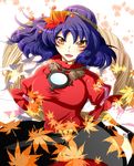  aku_(dejigiga) blush dress leaf long_hair maple_leaf mirror open_mouth orange_eyes purple_hair rope shimenawa solo touhou yasaka_kanako 