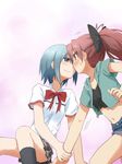  blue_eyes blue_hair blush imminent_kiss kagiana mahou_shoujo_madoka_magica midriff miki_sayaka multiple_girls navel plaid plaid_skirt ponytail pulling red_eyes red_hair sakura_kyouko school_uniform short_hair skirt yuri 