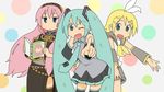  arawi_keiichi_(style) book hatsune_miku hyadain_no_kakakata_kataomoi_-_c kagamine_rin long_hair megurine_luka multiple_girls nichijou one_eye_closed parody style_parody thighhighs very_long_hair vocaloid 