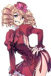  bent_over blonde_hair blue_eyes bow breasts curly_hair dress drill_hair frills gaap grin hand_on_hip hat large_breasts mini_hat mini_top_hat pink_bow side_slit sideboob smile solo top_hat umineko_no_naku_koro_ni wanko_(takohati8) 