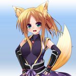  animal_ears blonde_hair blush breasts colorized dog_days fang fingerless_gloves fox_ears fox_tail gloves green_eyes highres japanese_clothes large_breasts nar nigo_(aozoragarou) open_mouth solo tail yukikaze_panettone 