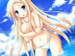  blonde_hair blue_eyes breast_hold carina_verritti game_cg ko~cha long_hair shukufuku_no_campanella swimsuit topless water 