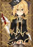  bad_id bad_pixiv_id black_legwear blonde_hair blush bow garters gloves hair_bow hat hati105 kurodani_yamame pirate sheath short_hair silk smile solo spider_web sword thighhighs touhou uniform unsheathing weapon yellow_eyes 