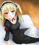  anti_(untea9) arm_support bed blonde_hair blue_eyes boku_wa_tomodachi_ga_sukunai dress gothic_lolita hairband hasegawa_kobato headdress heterochromia lolita_fashion lolita_hairband long_hair red_eyes sitting solo two_side_up 