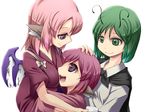  animal_ears antennae breasts child girl_sandwich green_eyes green_hair hug if_they_mated japanese_clothes medium_breasts multiple_girls mystia_lorelei okamisty open_mouth pink_hair purple_eyes sandwiched short_hair simple_background smile tasuki touhou wings wriggle_nightbug you_naka 