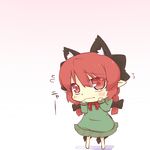 animal_ears blush_stickers bow bowtie braid cat_ears cat_tail chibi dress extra_ears hair_bow hazuki_ruu kaenbyou_rin multiple_tails red_eyes red_hair shadow simple_background solo tail touhou 