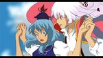  1girl blue_hair coat cosplay fujiwara_no_mokou genderswap genderswap_(ftm) hat holding_hands howl_(howl_no_ugoku_shiro) howl_(howl_no_ugoku_shiro)_(cosplay) howl_no_ugoku_shiro kamishirasawa_keine letterboxed parody style_parody takakino touhou white_hair 