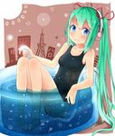  bad_id bad_pixiv_id barefoot blue_eyes colored_eyelashes green_hair hatsune_miku headphones hose long_hair one-piece_swimsuit r_star school_swimsuit sitting smile solo swimsuit very_long_hair vocaloid wading_pool 