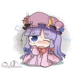  arm_up blue_eyes blush chibi crescent cup dekasudachin dress one_eye_closed open_mouth patchouli_knowledge pink_dress purple_hair sitting solo spilling teacup tears touhou 