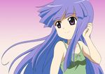  adjusting_hair anime_coloring bangs bare_shoulders bellis blue_hair blunt_bangs collarbone dress floating_hair furude_rika hair_flip higurashi_no_naku_koro_ni long_hair looking_away official_style purple_eyes simple_background smile solo sundress wind 