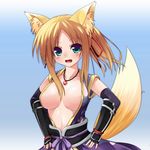  animal_ears blonde_hair blush breasts cleavage colorized dog_days fang fingerless_gloves fox_ears fox_tail gloves green_eyes highres japanese_clothes large_breasts nar nigo_(aozoragarou) open_clothes open_mouth solo tail yukikaze_panettone 