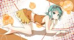  all_fours bad_id bad_pixiv_id barefoot character_name chin_rest goggles goggles_on_head green_eyes green_hair gumi orange_skirt samegami short_hair skirt smile solo vocaloid wrist_cuffs 