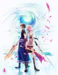  1girl amatari_sukuzakki blue_eyes boots brown_hair cape final_fantasy final_fantasy_xiii final_fantasy_xiii-2 fingerless_gloves gloves highres knee_boots lightning_farron long_hair miniskirt noel_kreiss petals pink_hair skirt sword weapon 