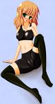  bad_anatomy bad_id bad_pixiv_id bike_shorts black_legwear blonde_hair blush cameltoe green_eyes highres midriff mizuhashi_parsee pointy_ears sitting solo sports_bra spread_legs tera_hiroshi thighhighs touhou 