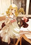  alternate_costume blonde_hair chair character_name charlotte_(madoka_magica) cheese drill_hair food fork mahou_shoujo_madoka_magica reflection samail sitting table tomoe_mami twin_drills twintails window yellow_eyes 