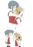  &gt;_&lt; absurdres blush closed_eyes cross directional_arrow forehead_kiss hair_ornament hidamari_sketch highres kiss kyousuke_(orcein) multiple_girls nori school_uniform short_hair wide_face yuno yuri 