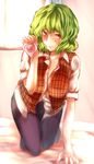  arm_support bed breasts collarbone condom dress_shirt flan_(harry_mackenzie) green_hair highres kazami_yuuka large_breasts leaning_forward looking_at_viewer no_pants pantyhose plaid red_eyes shirt short_hair solo touhou vest wavy_hair window 