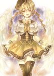  angel_wings ayuki bad_id bad_pixiv_id blonde_hair drill_hair flower gloves hair_ornament hat highres long_hair magical_girl mahou_shoujo_madoka_magica skirt solo thighhighs tomoe_mami twin_drills twintails wings yellow_eyes 