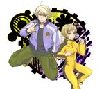  1girl ahoge bad_id bad_pixiv_id blonde_hair bodysuit bruce_lee's_jumpsuit fukoko green_eyes huang_baoling ivan_karelin jacket jumpsuit letterman_jacket purple_eyes purple_jacket short_hair tiger_&amp;_bunny yellow_bodysuit 