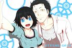  1girl bad_id bad_pixiv_id birii black_hair blue_eyes collarbone facial_hair gears labcoat okabe_rintarou open_mouth outstretched_arm pen shiina_mayuri short_hair smile steins;gate stubble yellow_eyes 