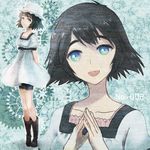  black_hair blue_eyes boots dress hands_together hat open_mouth own_hands_together revision riinu_(ir-n) shiina_mayuri short_hair shorts smile solo steins;gate 