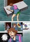  absurdres backpack bad_id bad_pixiv_id bag comic highres kaiji parody style_parody umihara_kawase water 