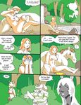  breasts cat centaur comic dialog english_text equine feline female forest horse human machete mammal mustelid nipples nude peeing pussy reiger soft_watersports taur text tree urine water weapon wood 