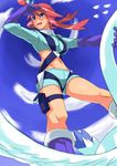  blue_eyes blue_footwear boots cloud day flying fuuro_(pokemon) gen_5_pokemon gloves hair_ornament kiyosi midriff navel open_mouth pokemon pokemon_(creature) pokemon_(game) pokemon_bw red_hair sky solo swanna 