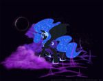  alicorn armor blue_eyes cloud clouds cutie_mark dark dev_halena eclipse equine female feral friendship_is_magic helmet horn horse looking_back mammal moon my_little_pony nightmare_moon_(mlp) solar_eclipse solo winged_unicorn wings 