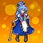  alternate_hairstyle blue_hair boots bow cross-laced_footwear dress eruru_(erl) food fruit hair_bow hinanawi_tenshi lace-up_boots long_hair one_eye_closed peach ponytail red_eyes ribbon solo sword touhou weapon 