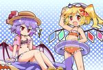  :d bare_legs bare_shoulders bikini blonde_hair child fang flandre_scarlet flat_chest goggles goggles_on_head gradient gradient_background hair_ribbon halftone halftone_background hat herada_mitsuru innertube jitome lavender_hair midriff multiple_girls open_mouth pointy_ears red_eyes remilia_scarlet ribbon sandals shark short_hair siblings side_ponytail sisters sitting smile straw_hat swimsuit tareme touhou wings wrist_cuffs 