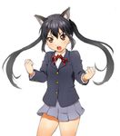  :o animal_ears black_hair blazer brown_eyes cat_ears clenched_hands face jacket k-on! long_hair nakano_azusa onsoku_maru open_mouth outstretched_wrists round_teeth school_uniform skirt solo teeth twintails 