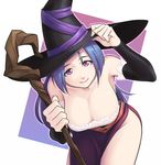  adjusting_clothes adjusting_hat bare_shoulders bent_over blue_hair breasts cleavage cosplay detached_sleeves downblouse dragon's_crown dress hat idolmaster idolmaster_(classic) large_breasts long_hair miura_azusa red_eyes sat side_slit smile solo sorceress_(dragon's_crown) sorceress_(dragon's_crown)_(cosplay) staff witch_hat 