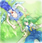 amagase_lyle arms_up blue_dress blue_hair bow cirno closed_eyes daiyousei dress grass green_eyes green_hair hair_bow hair_ribbon heart heart_hands heart_hands_duo lying multiple_girls neck_ribbon on_back open_mouth ribbon side_ponytail smile touhou wings 