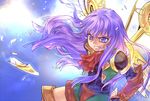  angry clenched_teeth cloud coat collar espgaluda long_hair purple_eyes purple_hair seseri_(espgaluda) shorts sky solo teeth wanko_(takohati8) wings 