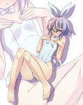  akutsu animal_ears bare_legs barefoot bunny_ears bunnysuit feet flat_chest glasses grey_hair highres nagato_yuki ribbon suzumiya_haruhi_no_shoushitsu suzumiya_haruhi_no_yuuutsu yellow_eyes zoom_layer 