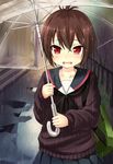  a_channel brown_hair ichii_tooru nemo_(piisukun) pleated_skirt puddle rain red_eyes sad school_uniform short_hair skirt solo sweater tears transparent transparent_umbrella umbrella wavy_mouth 