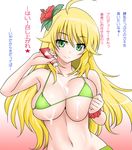  ahoge armpits bad_id bad_pixiv_id bikini blonde_hair breast_squeeze breasts cleavage flower green_eyes hair_flower hair_ornament halterneck hibiscus hoshii_miki idolmaster idolmaster_(classic) large_breasts long_hair marugoshi_teppei micro_bikini pouring sexually_suggestive skindentation smile solo swimsuit translation_request tube underboob wristband 