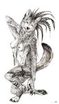  anthro breasts canine feathers female greyscale mammal monochrome nipples nude plain_background sketch solo tatchit tribal white_background wolf 