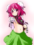  bandages blush breasts bun_cover chain clenched_hands double_bun dress flower ibaraki_kasen ichimi medium_breasts midriff navel pink_eyes pink_hair rose shirt_lift short_hair solo touhou underboob 