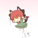  animal_ears blush_stickers bow bowtie braid cat_ears cat_tail chibi dress extra_ears fang hair_bow hazuki_ruu jumping kaenbyou_rin multiple_tails open_mouth red_hair solo tail touhou 