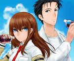  1girl black_eyes black_hair blue_eyes bottle brown_hair cloud day dr_pepper facial_hair highres jacket jyairo makise_kurisu necktie okabe_rintarou product_placement red_neckwear sky steins;gate stubble 