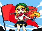  angry bandages bandana blonde_hair blush_stickers bokken bottle chan_co cloud communism day fire flag helmet kagamine_rin molotov_cocktail no_nose open_mouth red_eyes shakai_shugi_darling_(vocaloid) short_hair skirt solo standing sword teeth vocaloid weapon wooden_sword 