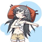  black_hair breasts cleavage closed_eyes flower hair_flower hair_ornament long_hair lying medium_breasts moja_(gibson) navel off_shoulder on_back open_mouth pillow saten_ruiko shorts sleeping solo tank_top to_aru_kagaku_no_railgun to_aru_majutsu_no_index unbuttoned 